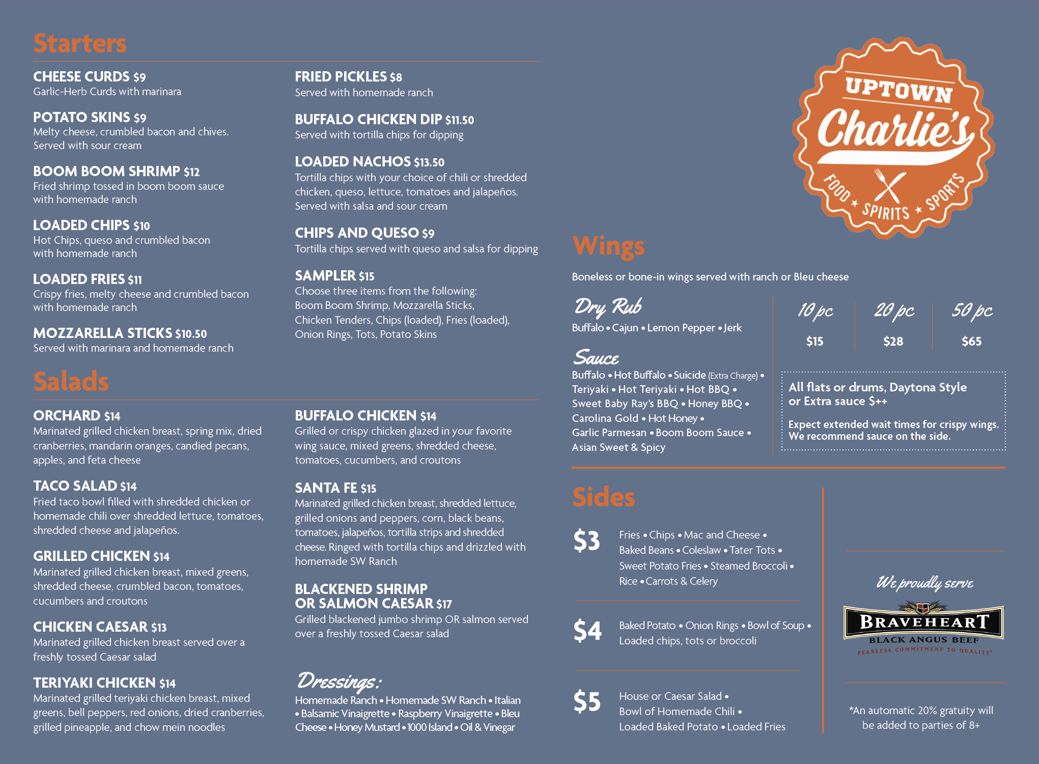 Food Menu for Uptown Charlie's