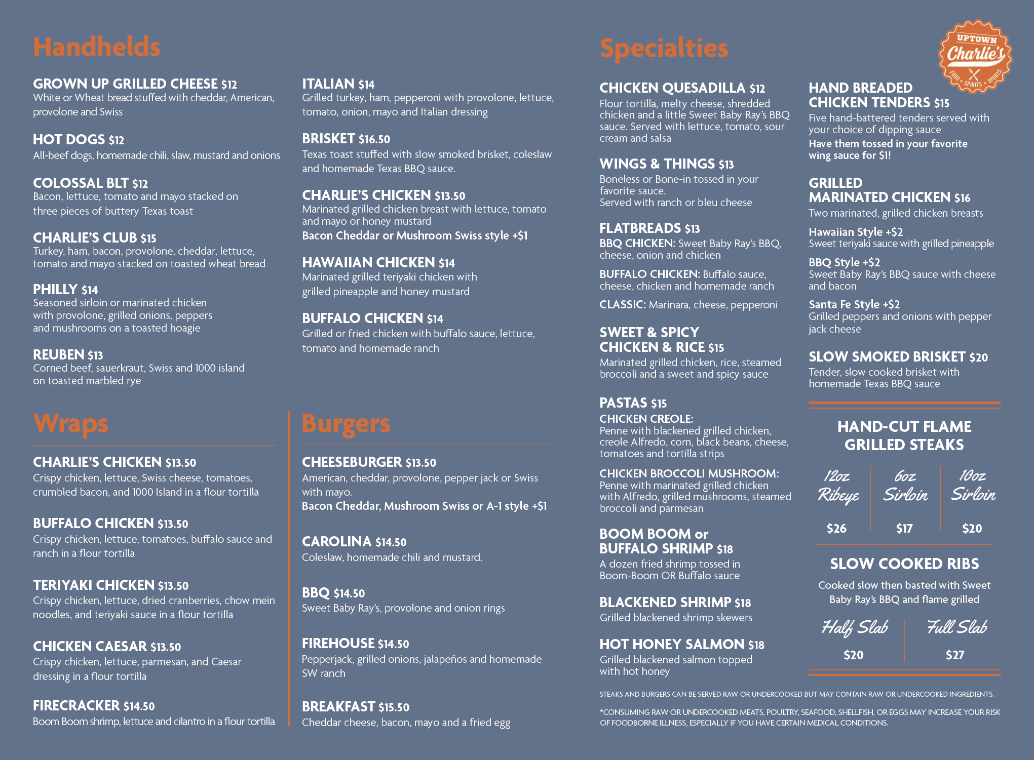 Food Menu back for Uptown Charlie's